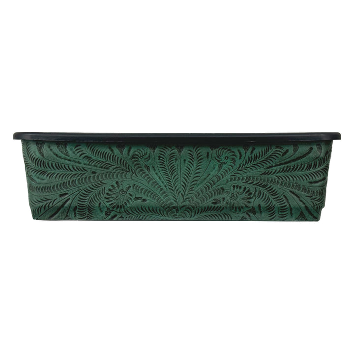 American West at Home eighteen inch rectangle planter in light turquoise with hand tooled leather accents