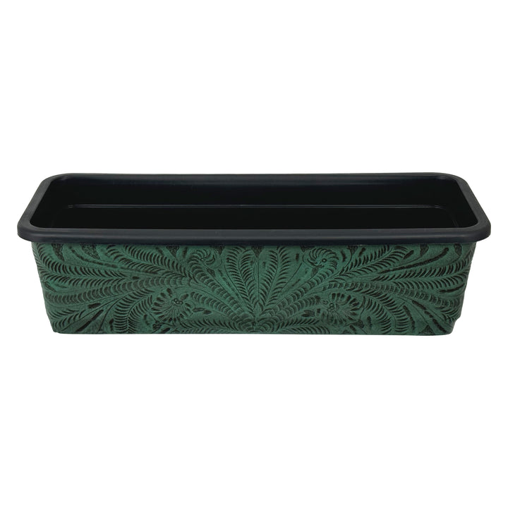 Side view of American West at Home eighteen inch rectangle planter in light turquoise with hand tooled leather accents