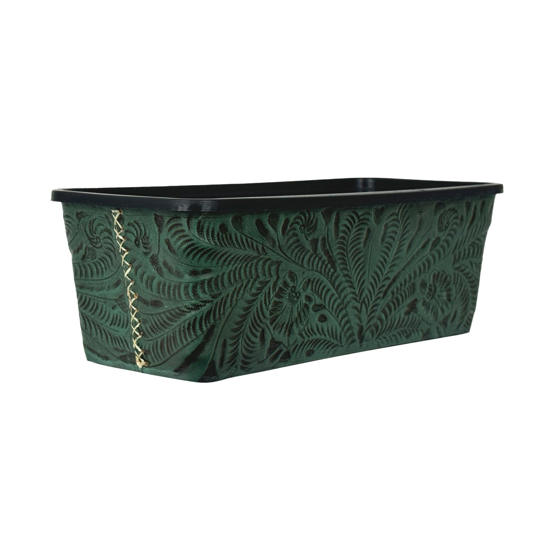 End view of American West at Home eighteen inch rectangle planter in light turquoise with hand tooled leather accents