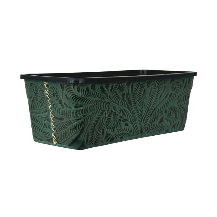End view of American West at Home eighteen inch rectangle planter in light turquoise with hand tooled leather accents