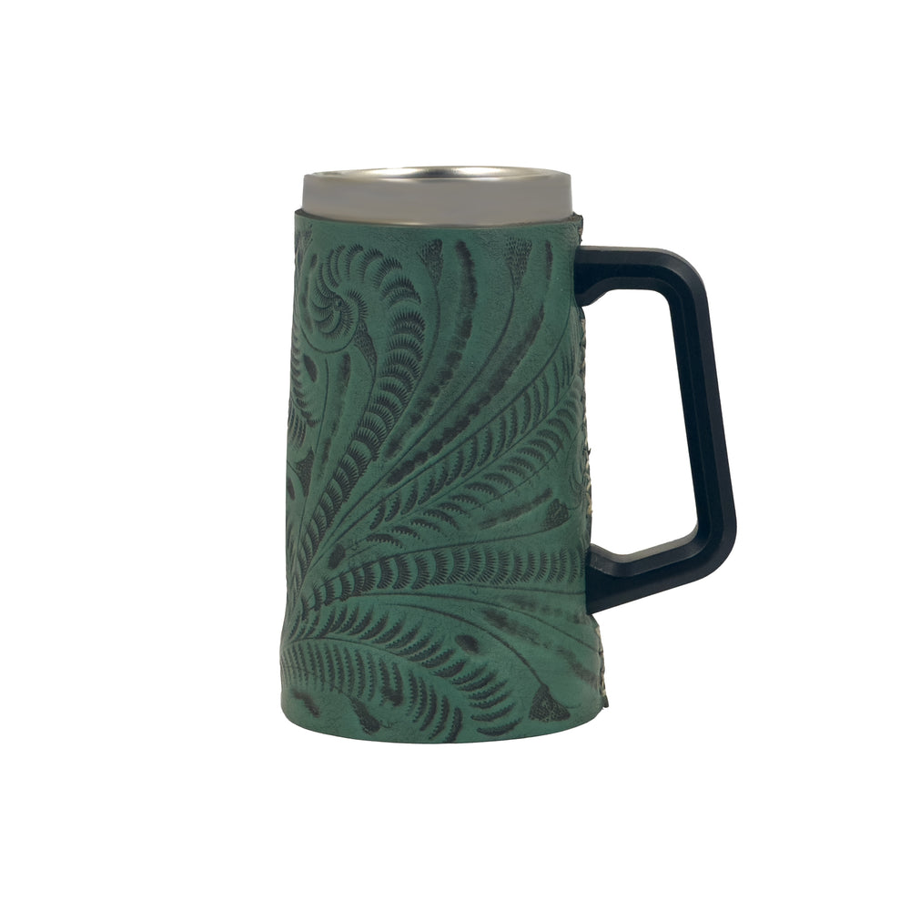 American West at Home insulated beer/beverage mug in light turquoise with hand tooled leather accents