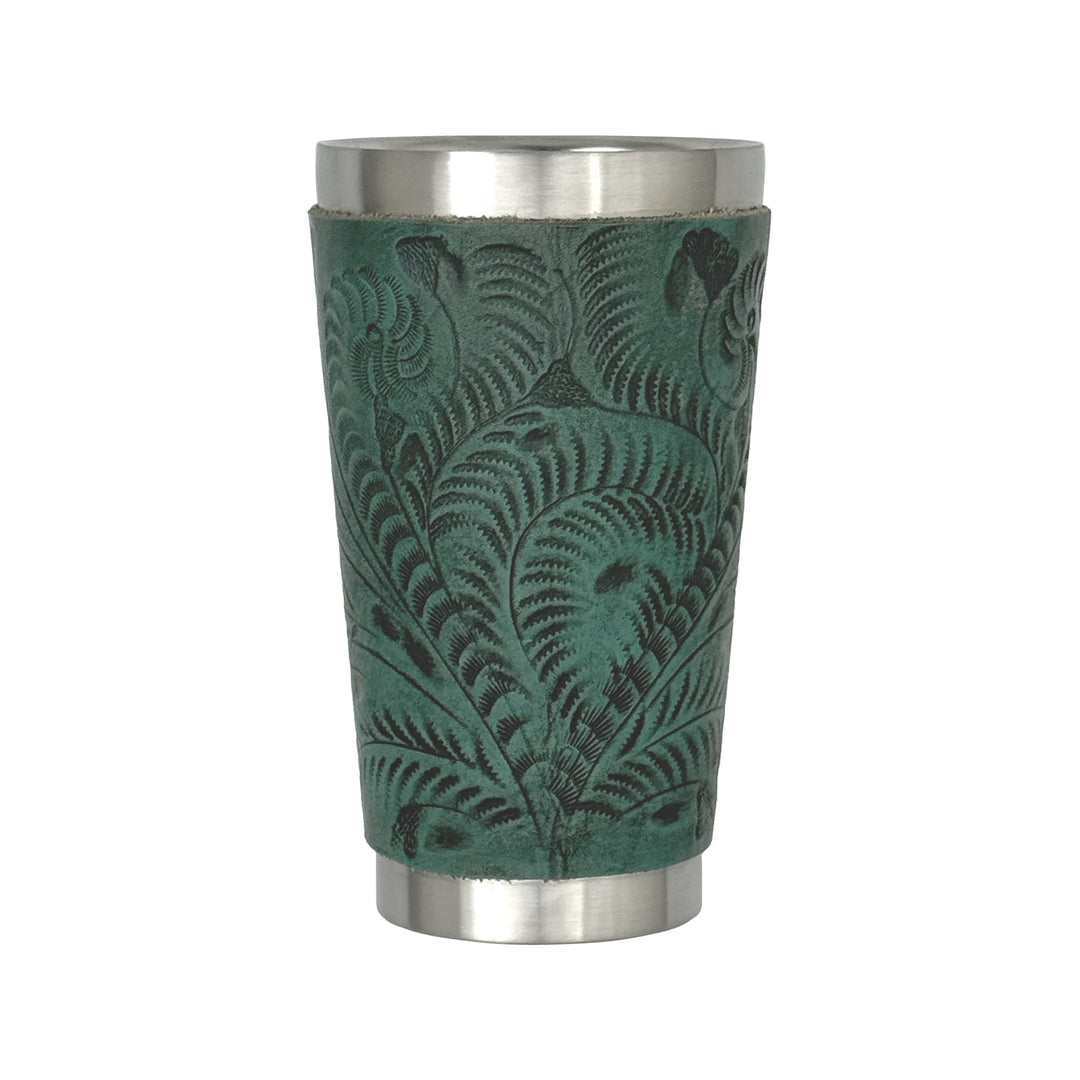 American West at Home insulated stainless steel cup in light turquoise with hand tooled leather accents