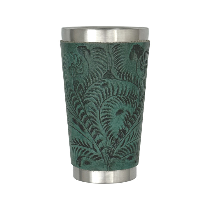 American West at Home insulated stainless steel cup in light turquoise with hand tooled leather accents