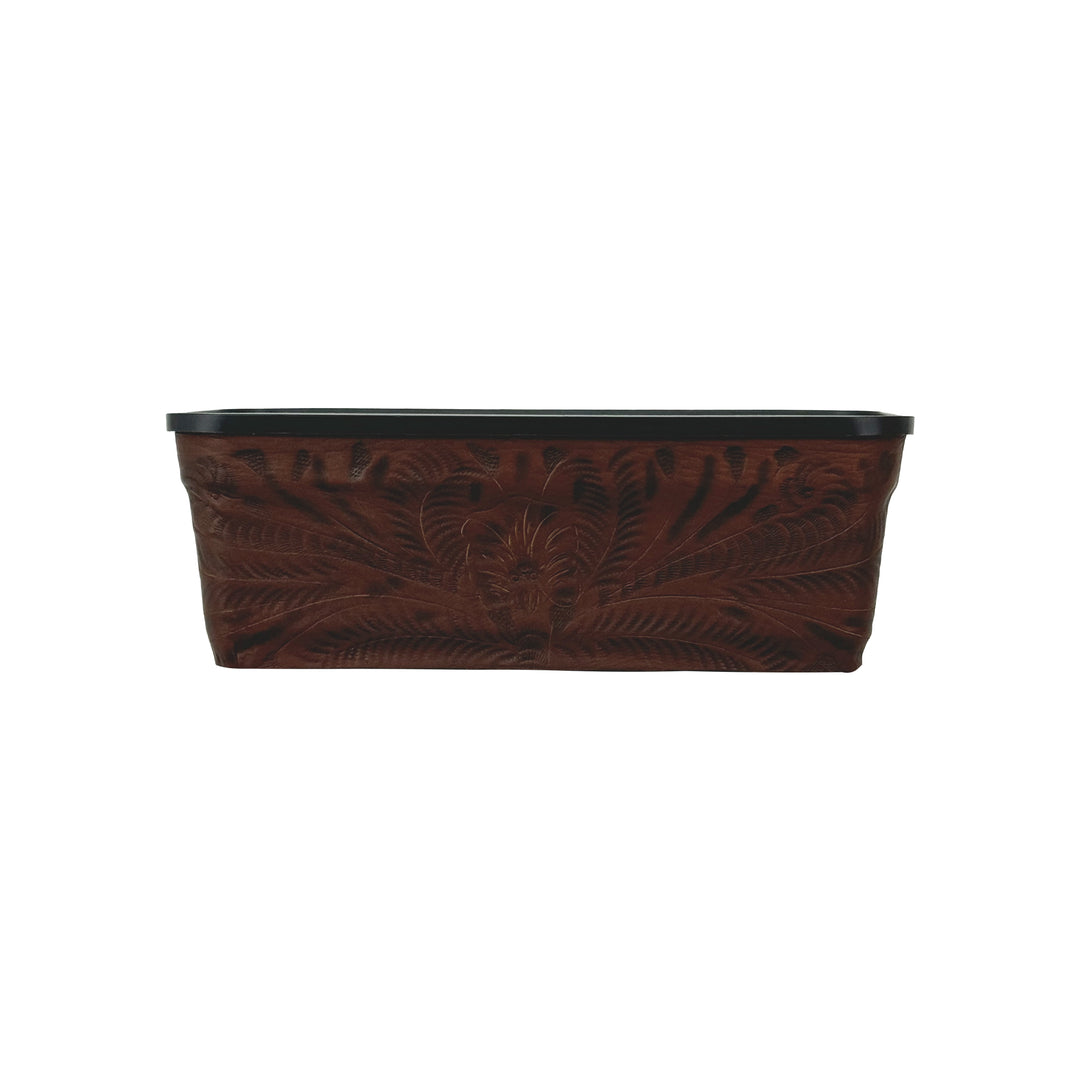 American West at Home ten inch rectangle planter in dark brown with hand tooled leather accents