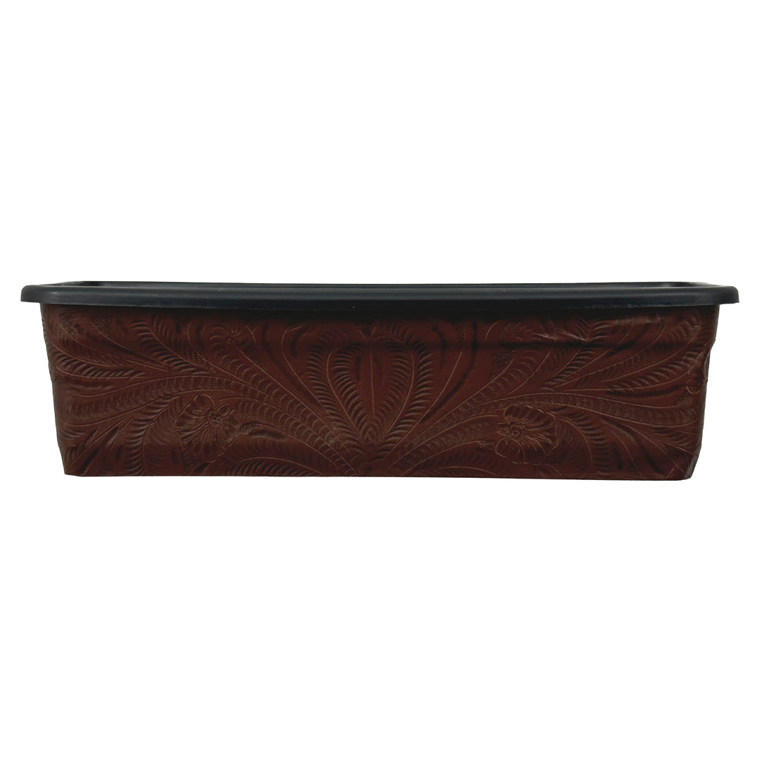 American West at Home eighteen inch rectangle planter in dark brown with hand tooled leather accents