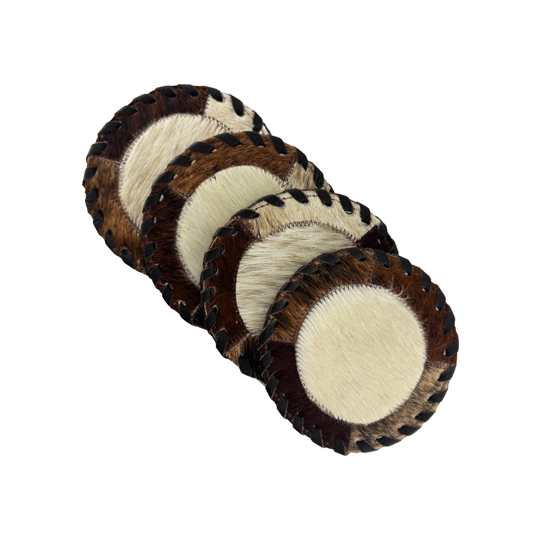 American West at Home coaster with cream hair-on hide center in Light Center with hand tooled leather accents