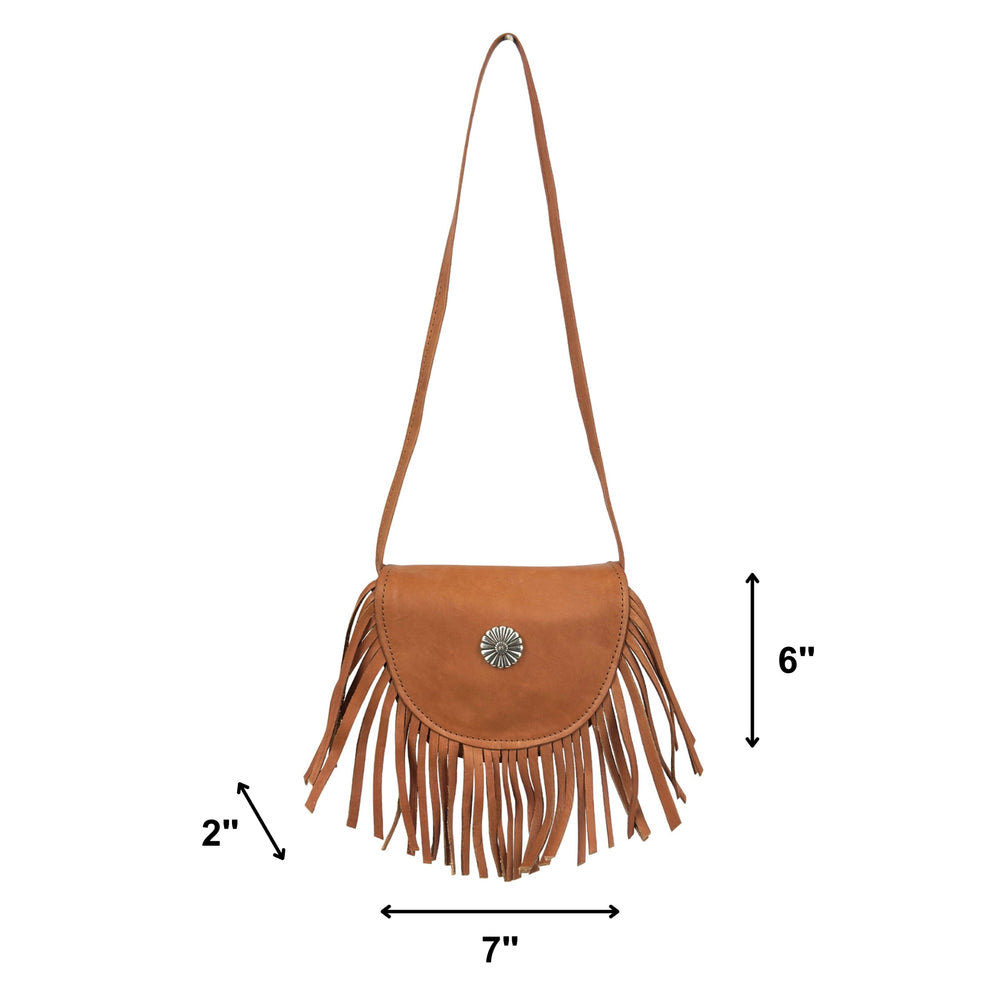 Kid's crossbody flap bag in natural tan with dimensions