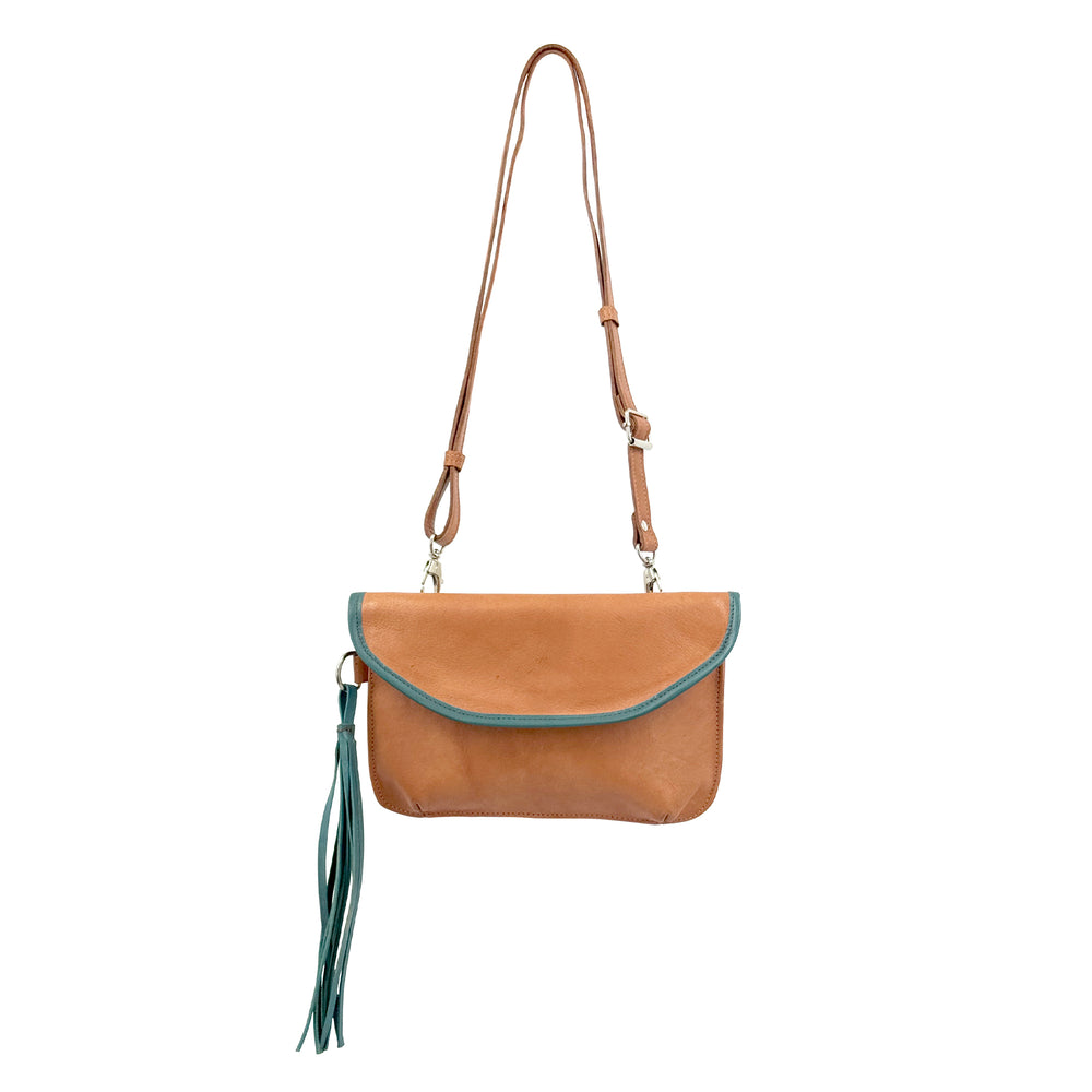 Kid's crossbody/clutch with detachable strap in natural tan with strap attached
