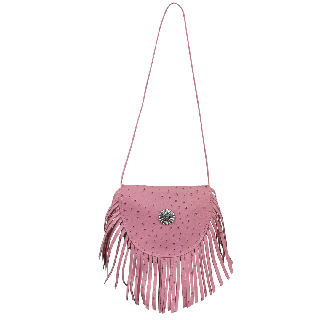 Kid's crossbody flap bag in Pink with leather fringe and concho accents
