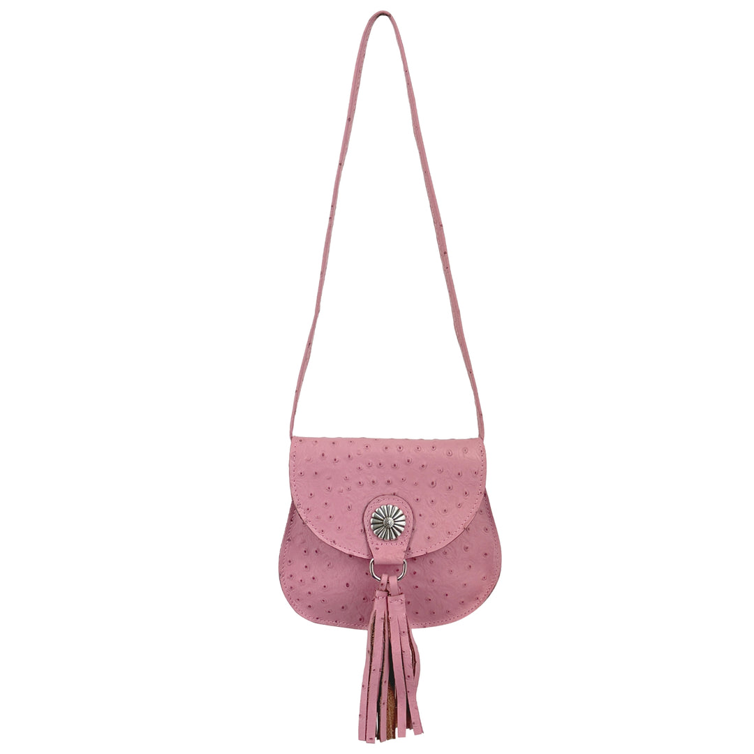 Kid's crossbody flap bag in Pink with leather tassle and concho accents
