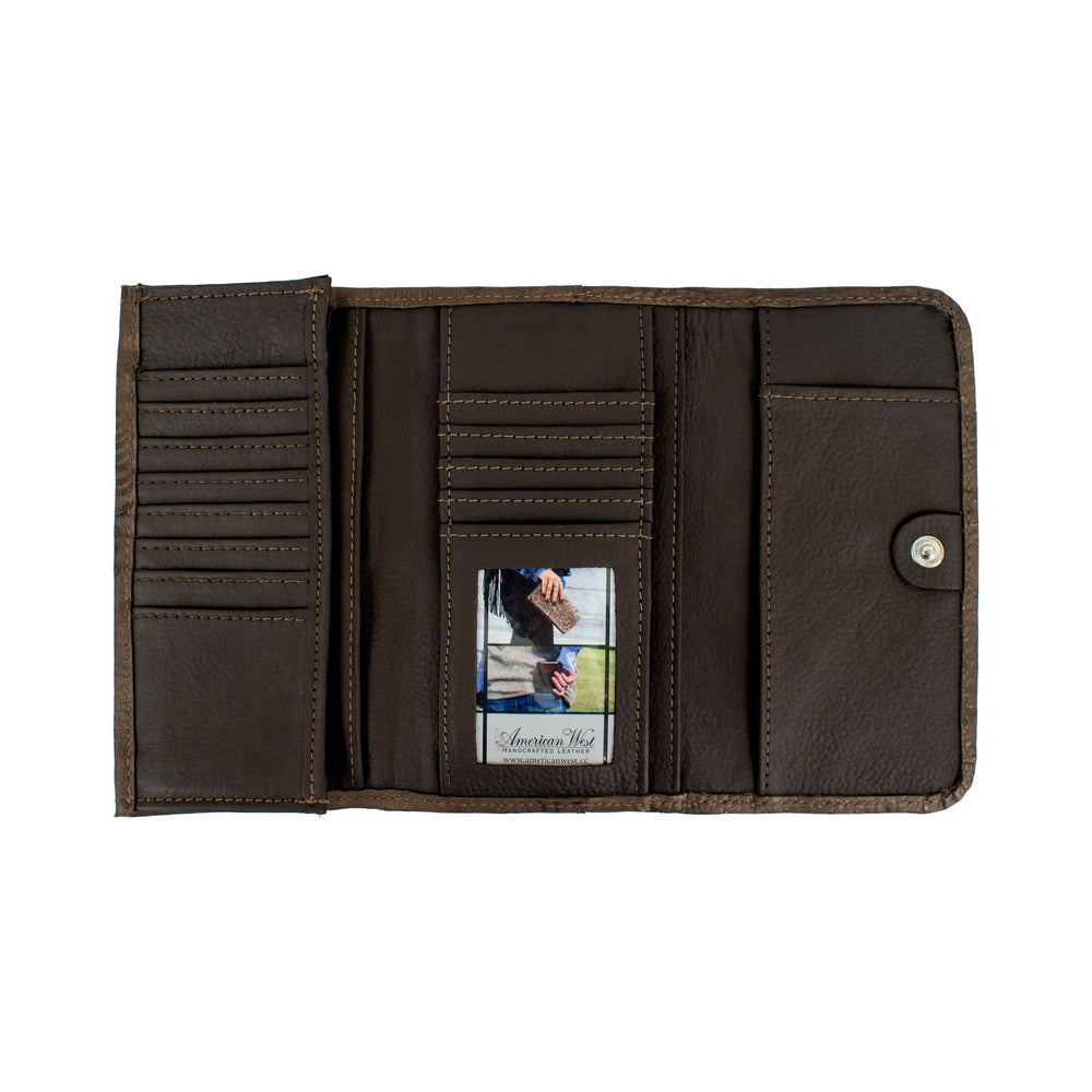 Inside view of Ladies tri-fold wallet with multiple card and cash slots