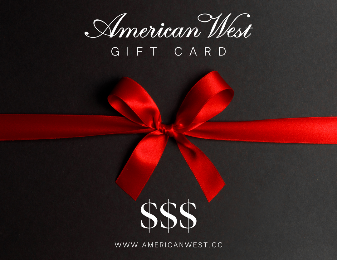 American West gift card with a red ribbon on a black background
