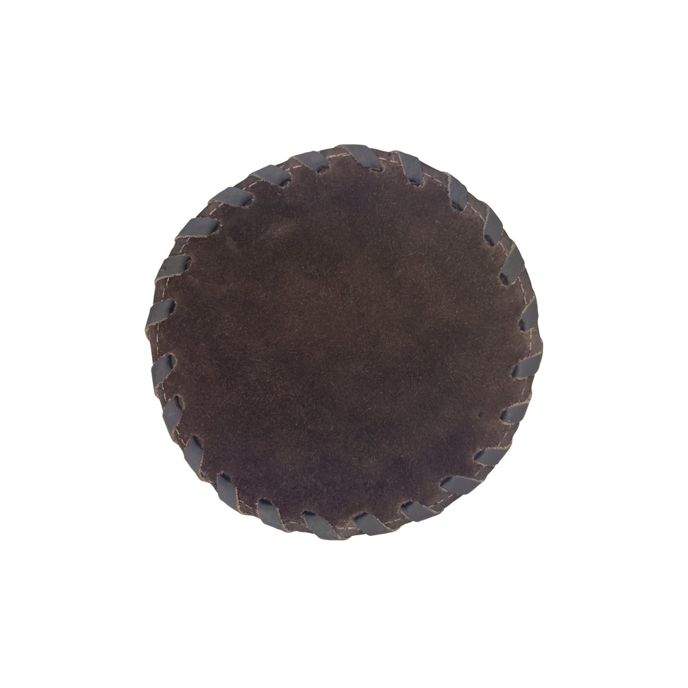 Back view of American West at Home coaster with hair-on hide center showing suede leather backing