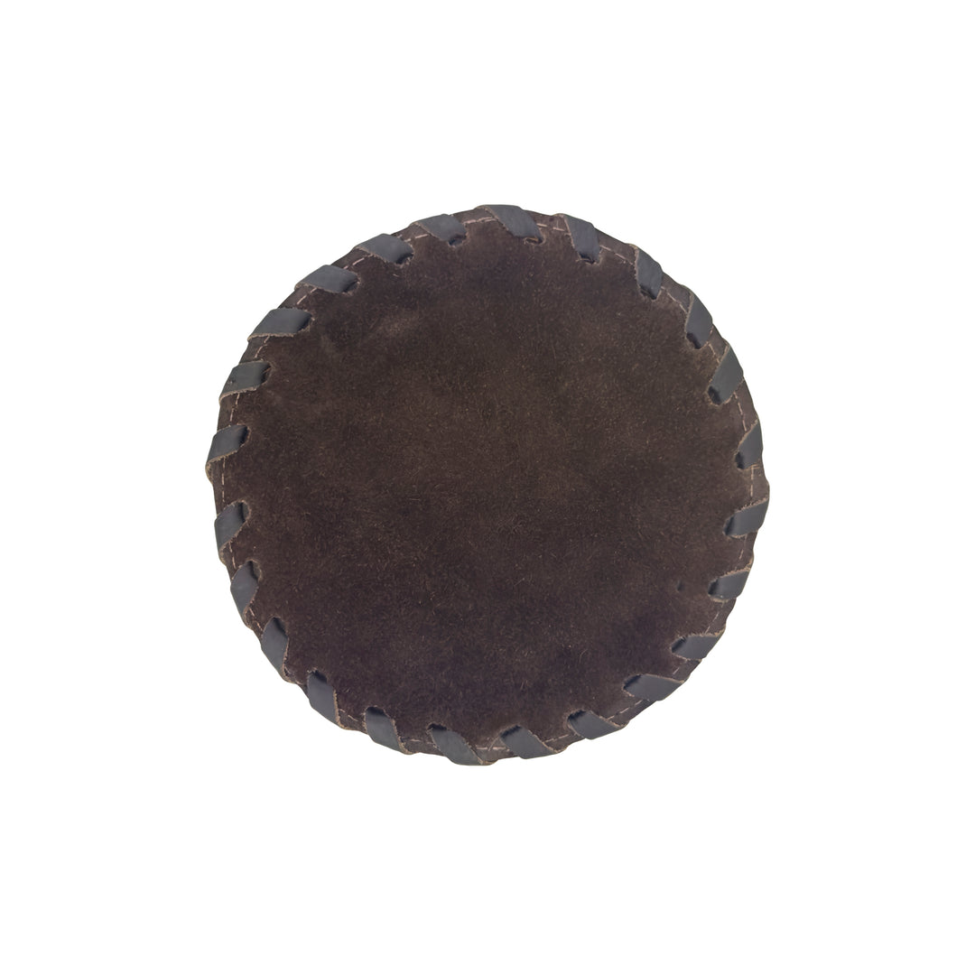 Back view of American West at Home coaster with hair-on hide center showing suede leather backing