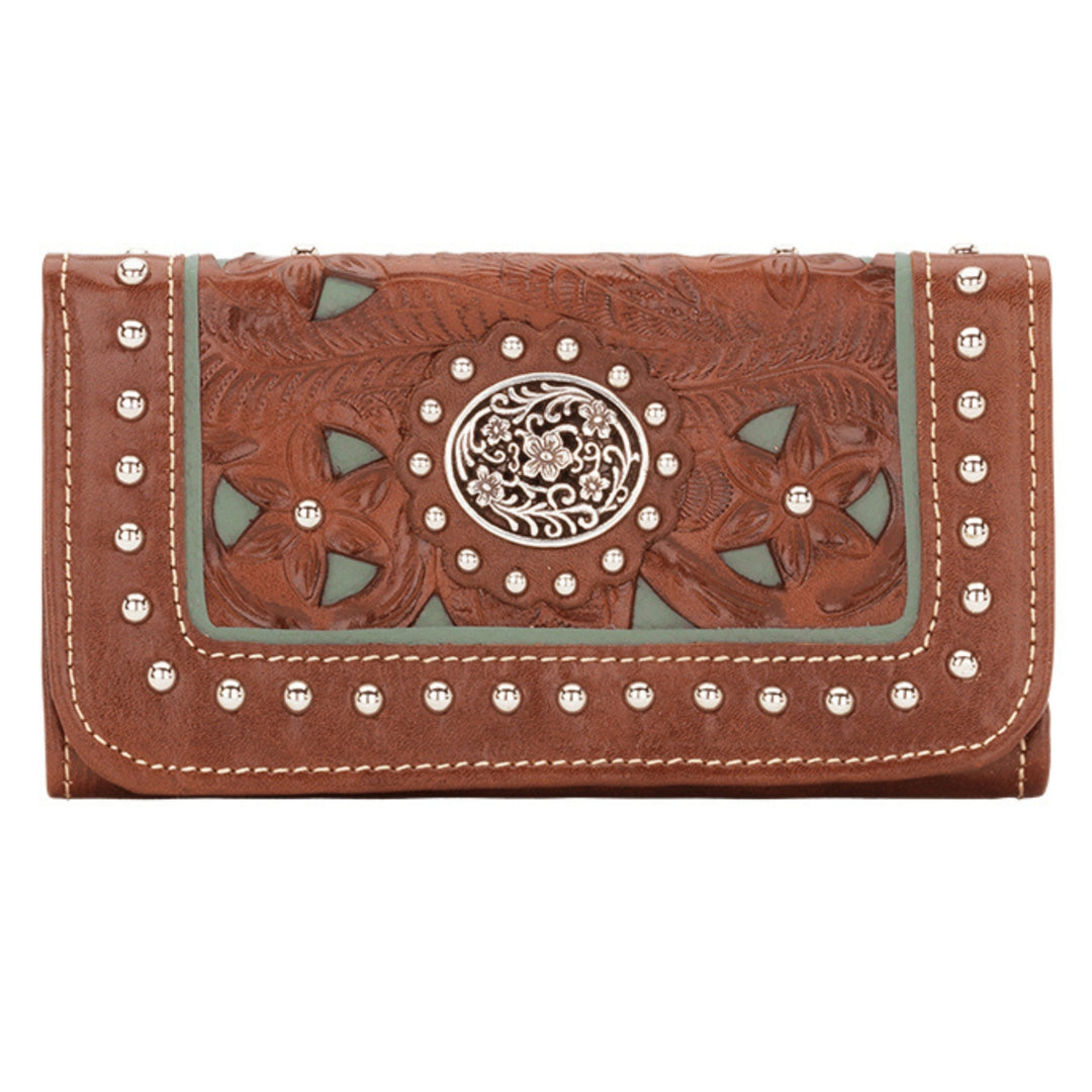 Lady Lace tri-fold wallet in medium brown with hand tooled leather and cut out accents