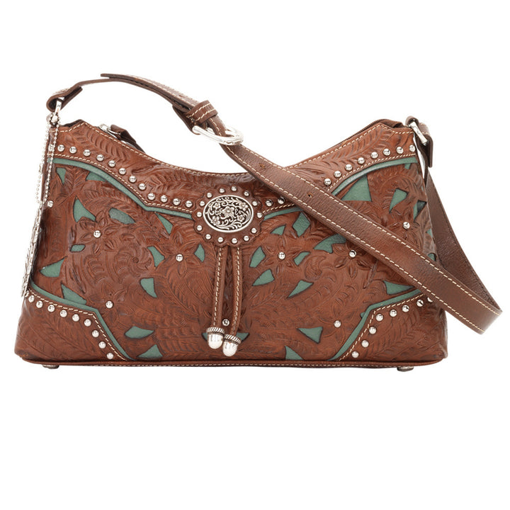 Lady Lace shoulder bag in medium brown with hand tooled leather and cut out accents