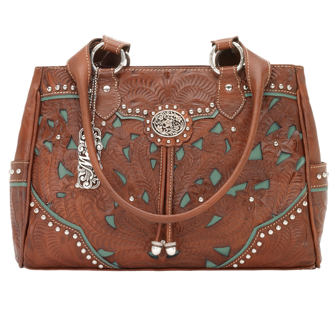 Lady Lace multi-compartment organizer tote in medium brown with hand tooled leather and cut out accents