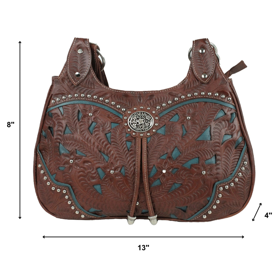 Lady Lace three compartment scoop tote in dark brown with hand tooled leather and cut out accents with dimensions