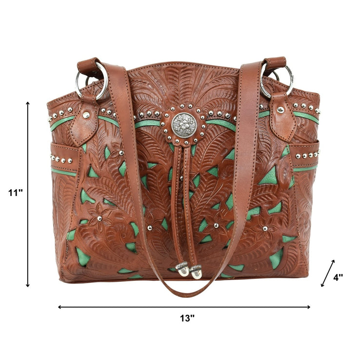 Lady Lace tote in medium brown with hand tooled leather and cut out accents with dimensions