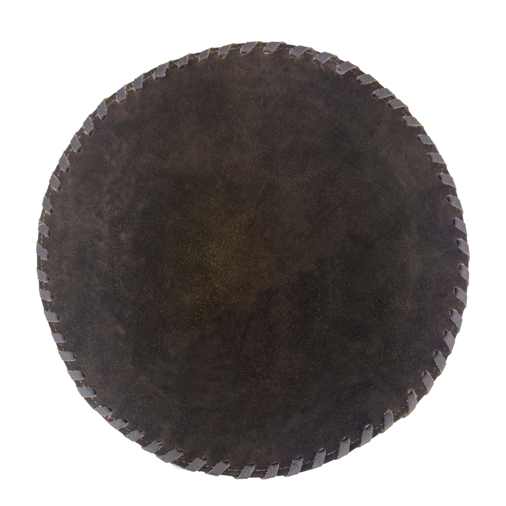 Back view of American West at Home coaster with crimson hair-on hide center showing suede leather backing