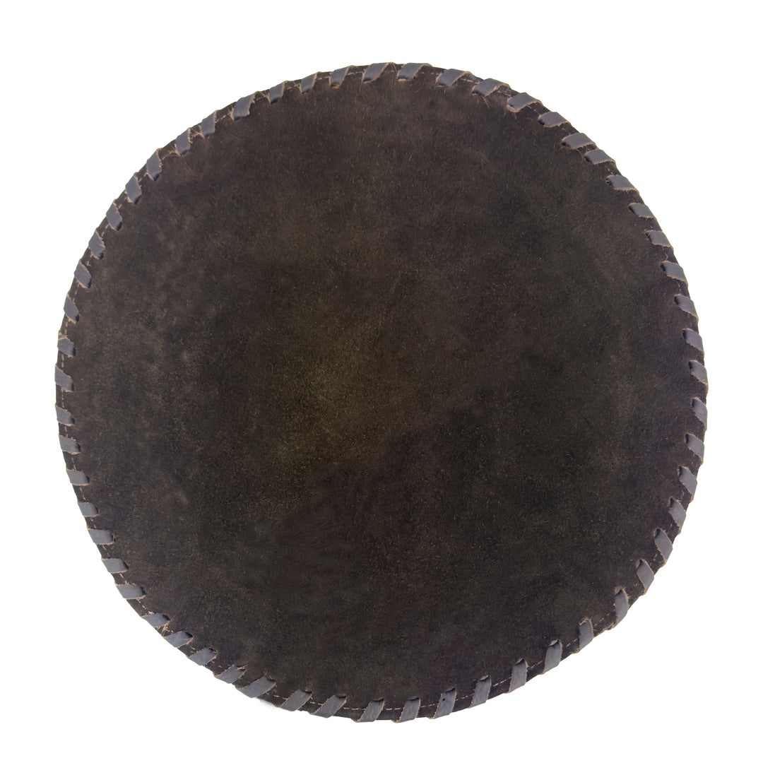 Back view of American West at Home coaster with crimson hair-on hide center showing suede leather backing