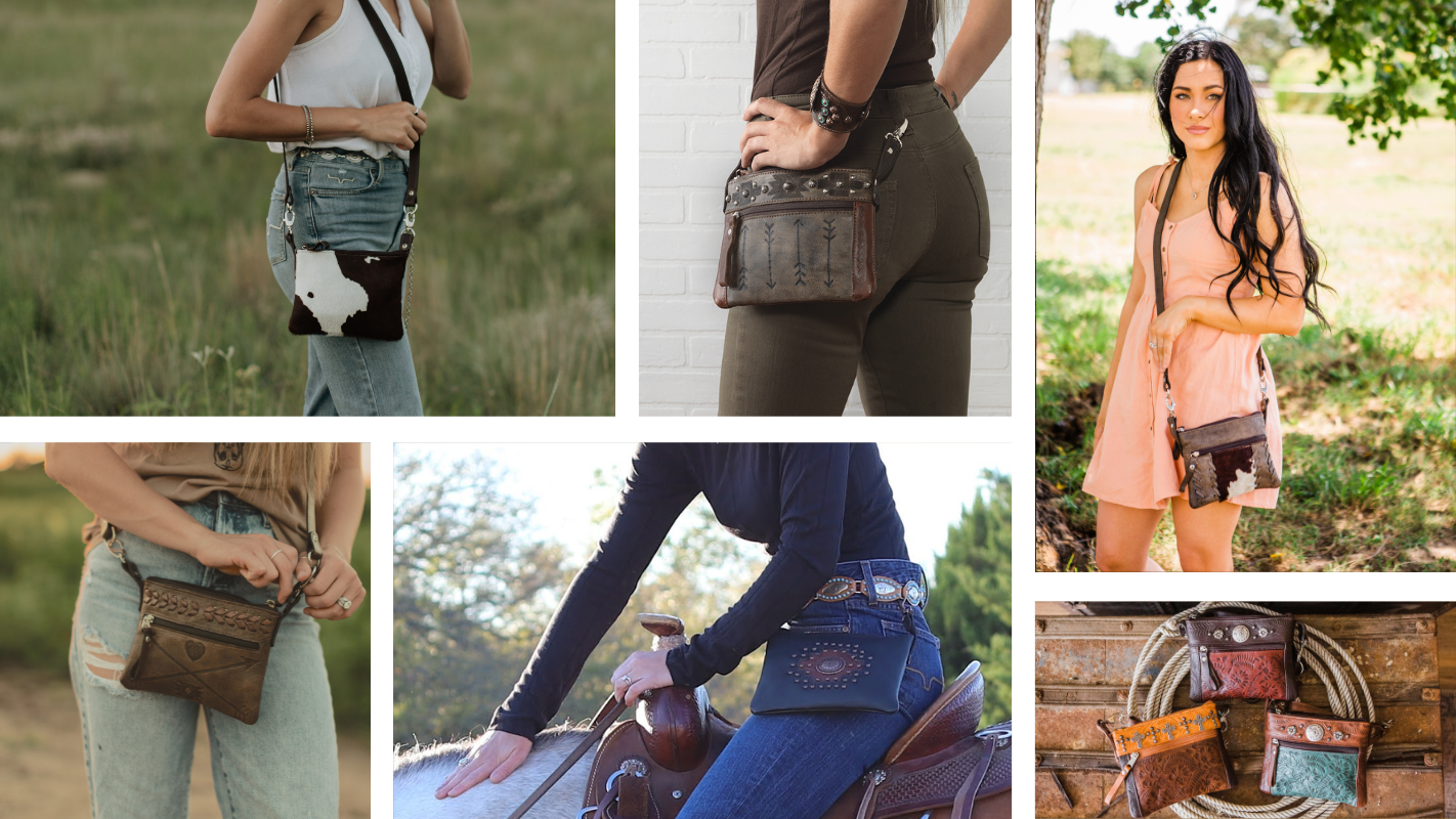 Collage of women modeling American West Handcrafted Leather western crossbody purses and concealed carry bags featuring tooled leather, hair-on-hide designs, and handcrafted western details
