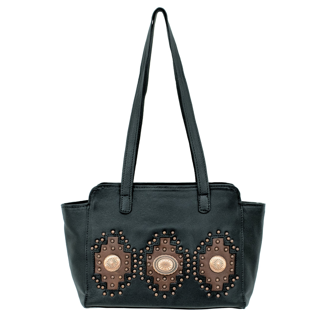 Midnight Copper conceal carry tote in black accents with hand tooled accents with straps up