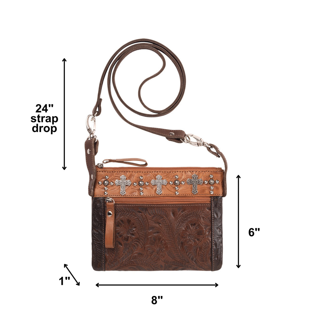 Frontier Cross crossbody/hip bag in dark brown with hand tooled leather accents with dimensions