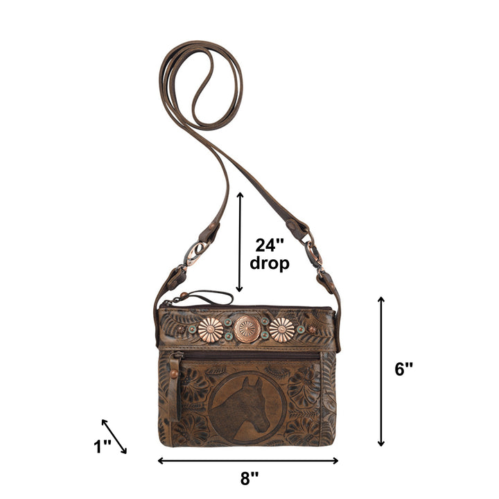 Prairie Horse crossbody/hip bag in distressed charcoal brown with hand tooled leather accents with dimensions