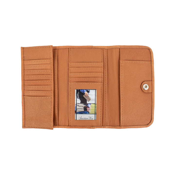 Inside view of Mohave Canyon tri-fold wallet with multiple card and cash slots