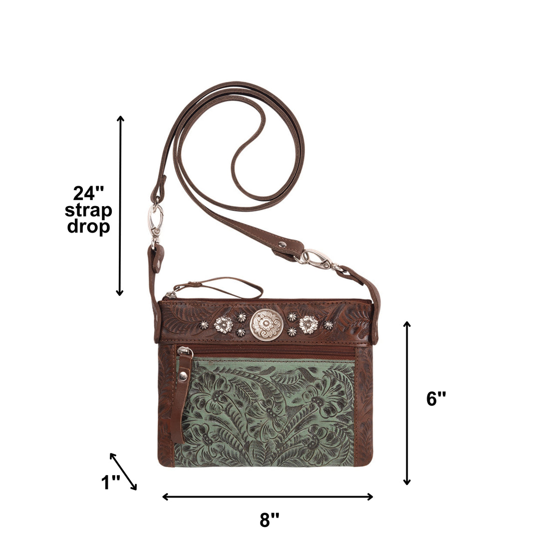 Canyon Bloom crossbody/hip bag in light turquoise with hand tooled leather accents with dimensions