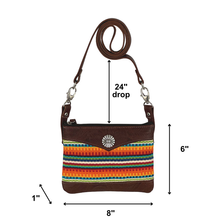 Maká Festive crossbody/hip bag in brown with hand tooled leather and red themed hand woven tapestry with dimensions