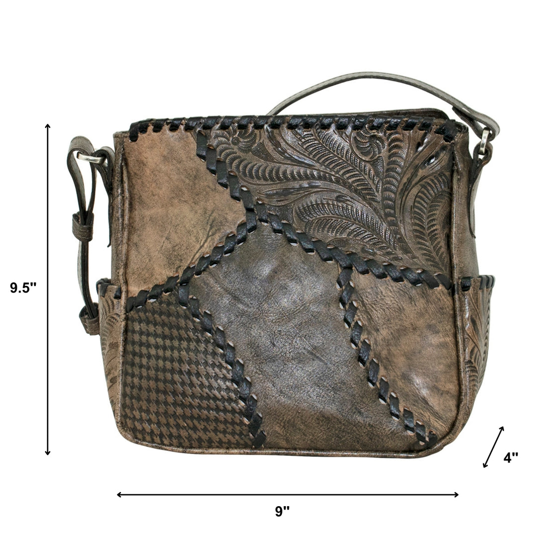 Gypsy Patch crossbody bag in distressed charcoal brown with hand tooled leather accents with dimensions