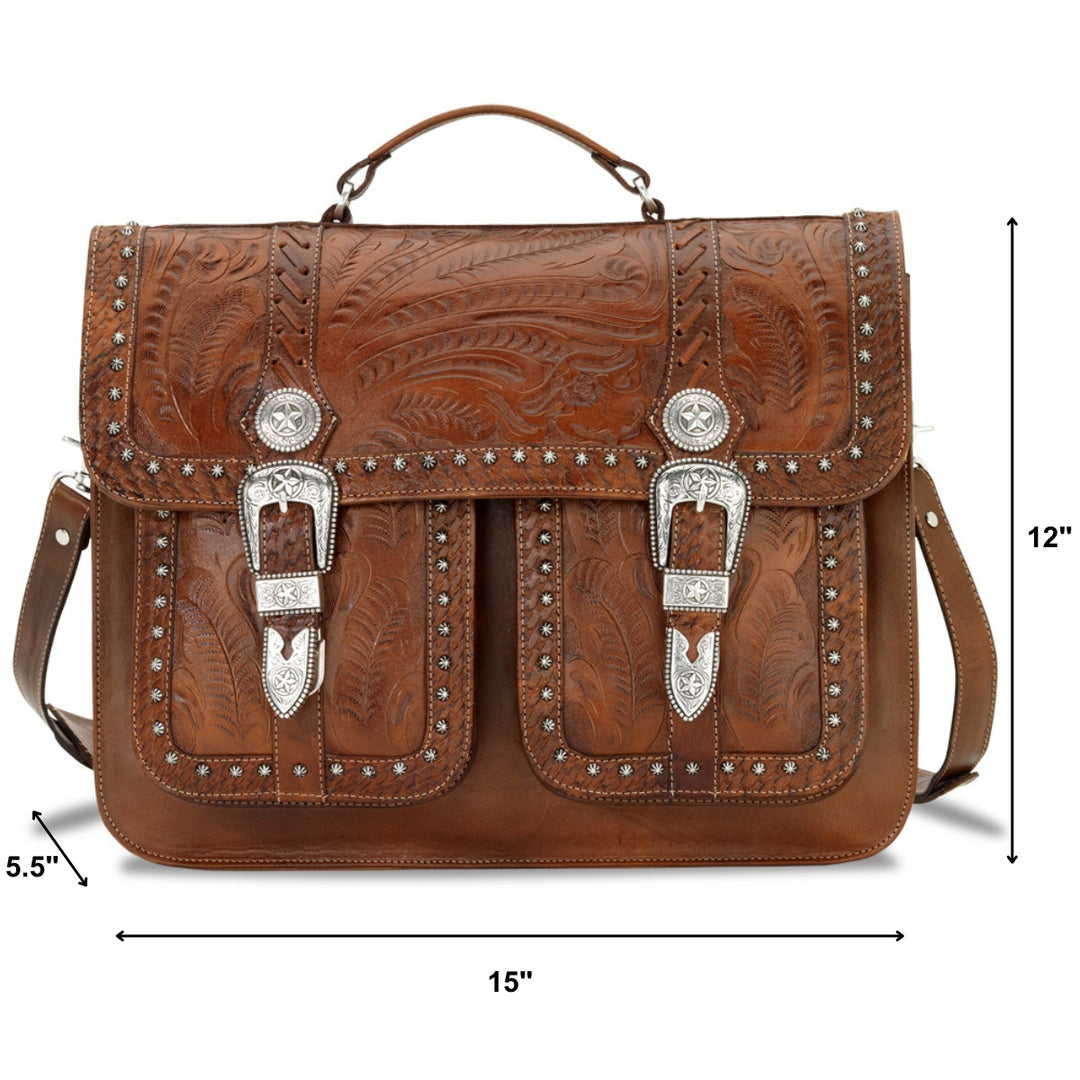 Classic Travel multi compartment laptop briefcase in medium brown with hand tooled leather and buckle set accents with dimensions