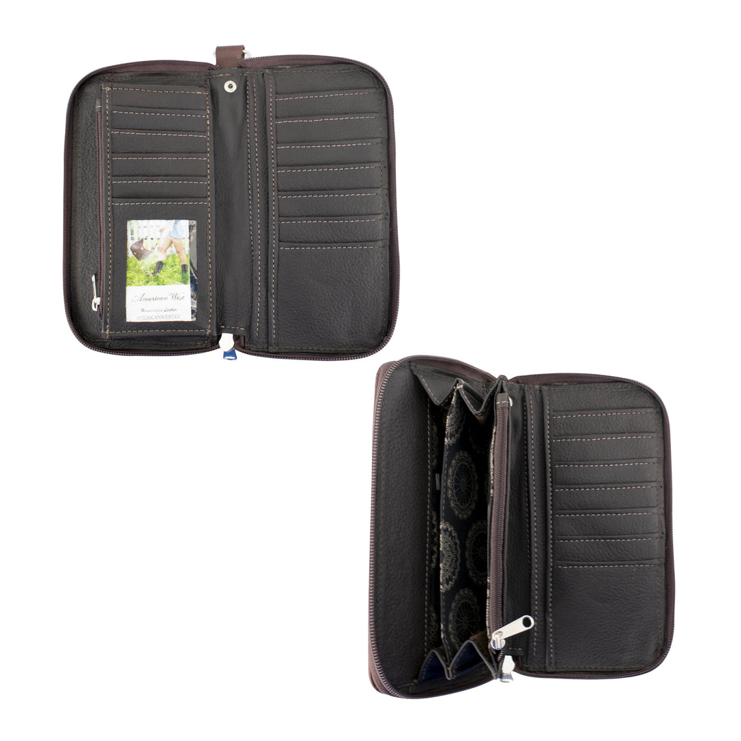 Inside view of Ladies zip-around wallet with credit card slots, zippered pocket and clear id holder