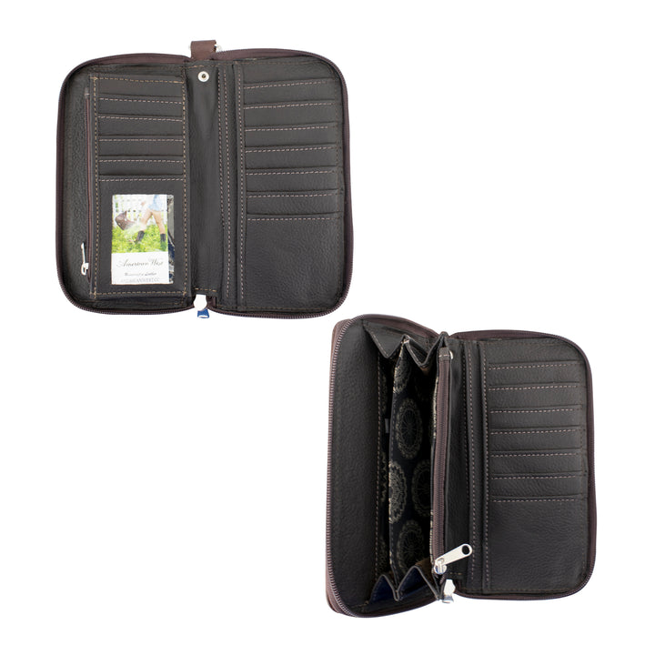 Inside view of Ladies zip-around wallet with credit card slots, zippered pocket and clear id holder
