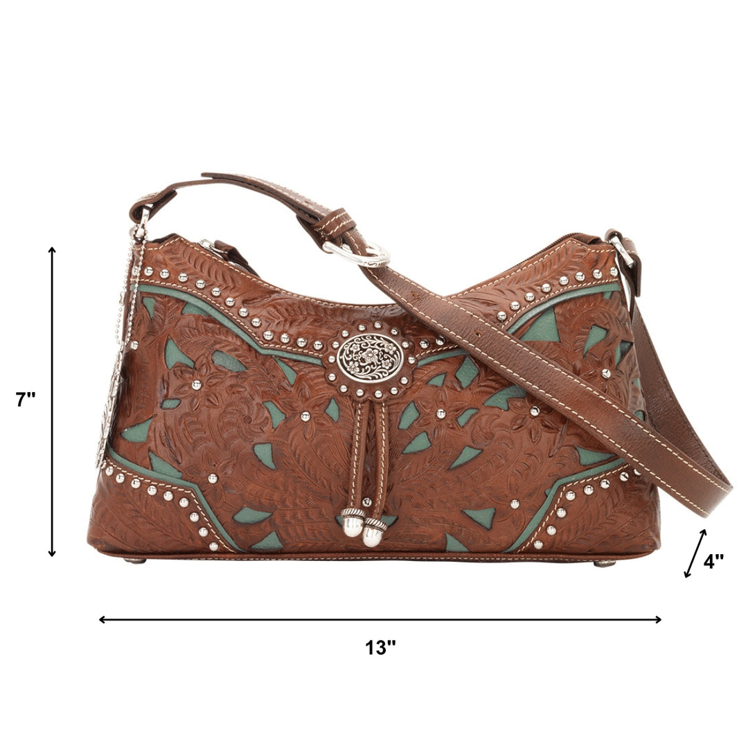 Lady Lace shoulder bag in medium brown with hand tooled leather and cut out accents with dimensions