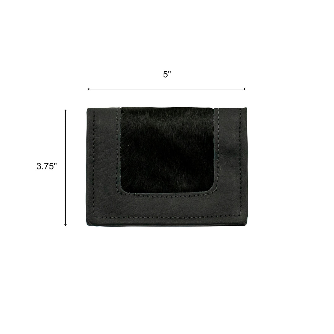 Cow Town tri-fold wallet in black with hair-on hide leather accents with dimensions