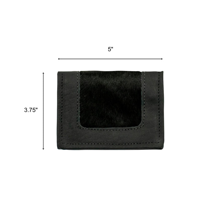 Cow Town tri-fold wallet in black with hair-on hide leather accents with dimensions
