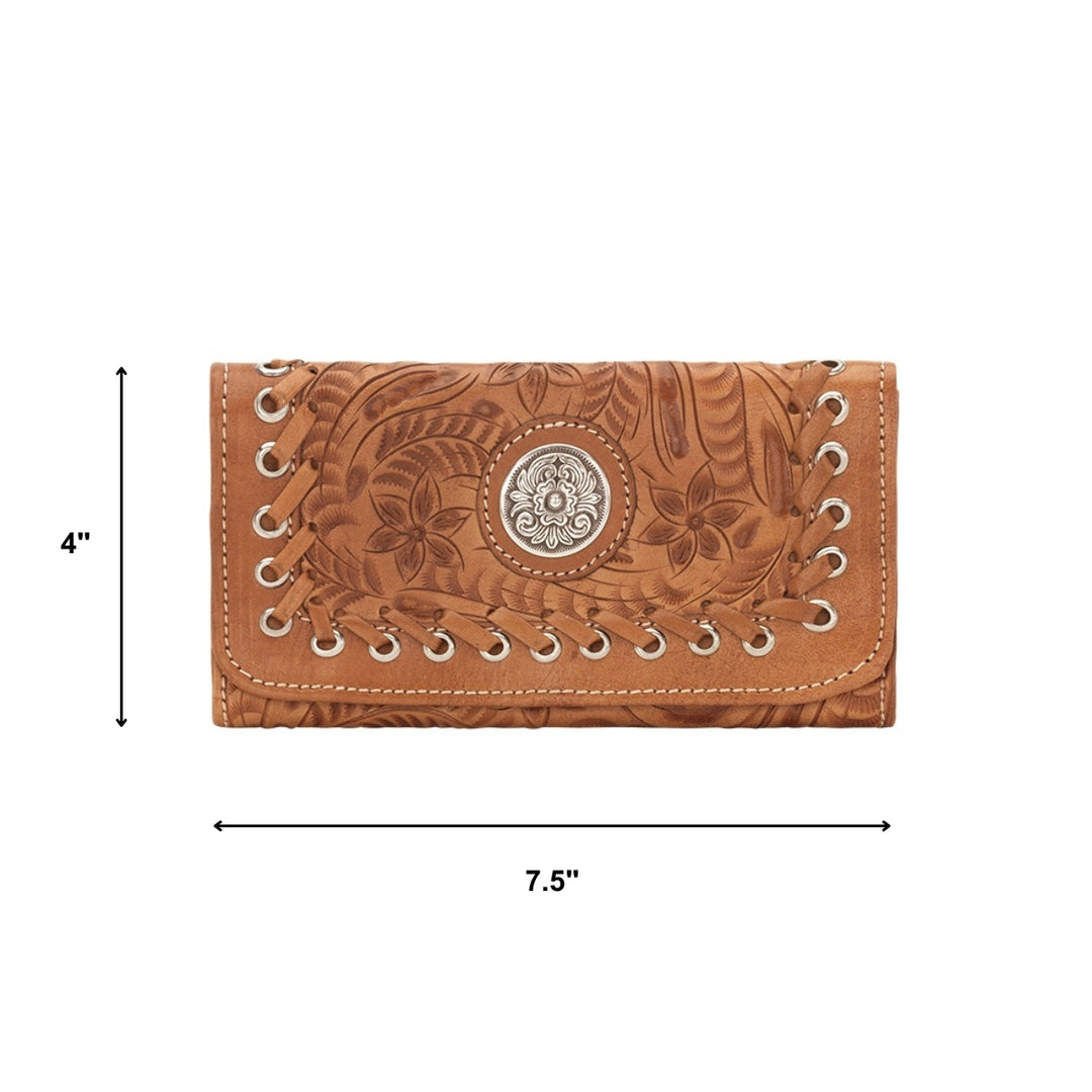 Harvest Moon tri-fold wallet in natural tan with hand tooled leather accents with dimensions