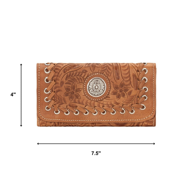 Harvest Moon tri-fold wallet in natural tan with hand tooled leather accents with dimensions