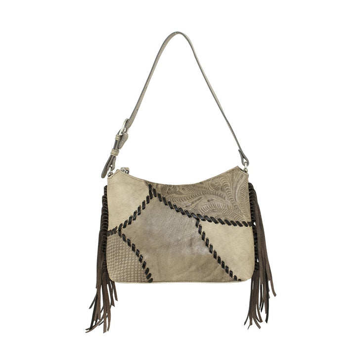 Gypsy Patch shoulder bag in sand with hand tooled leather accents with strap up
