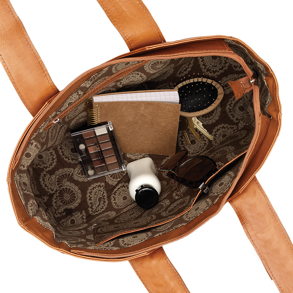 Inside view of Gypsy Patch tote with one zippered and two slip pockets