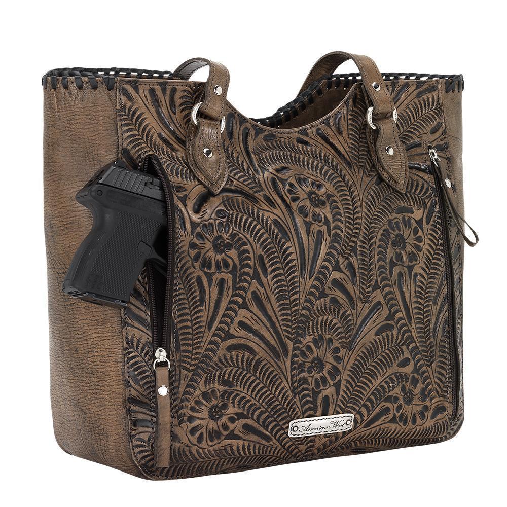 Back view of Annie's Secret conceal carry tote with back zippered pocket with double opening