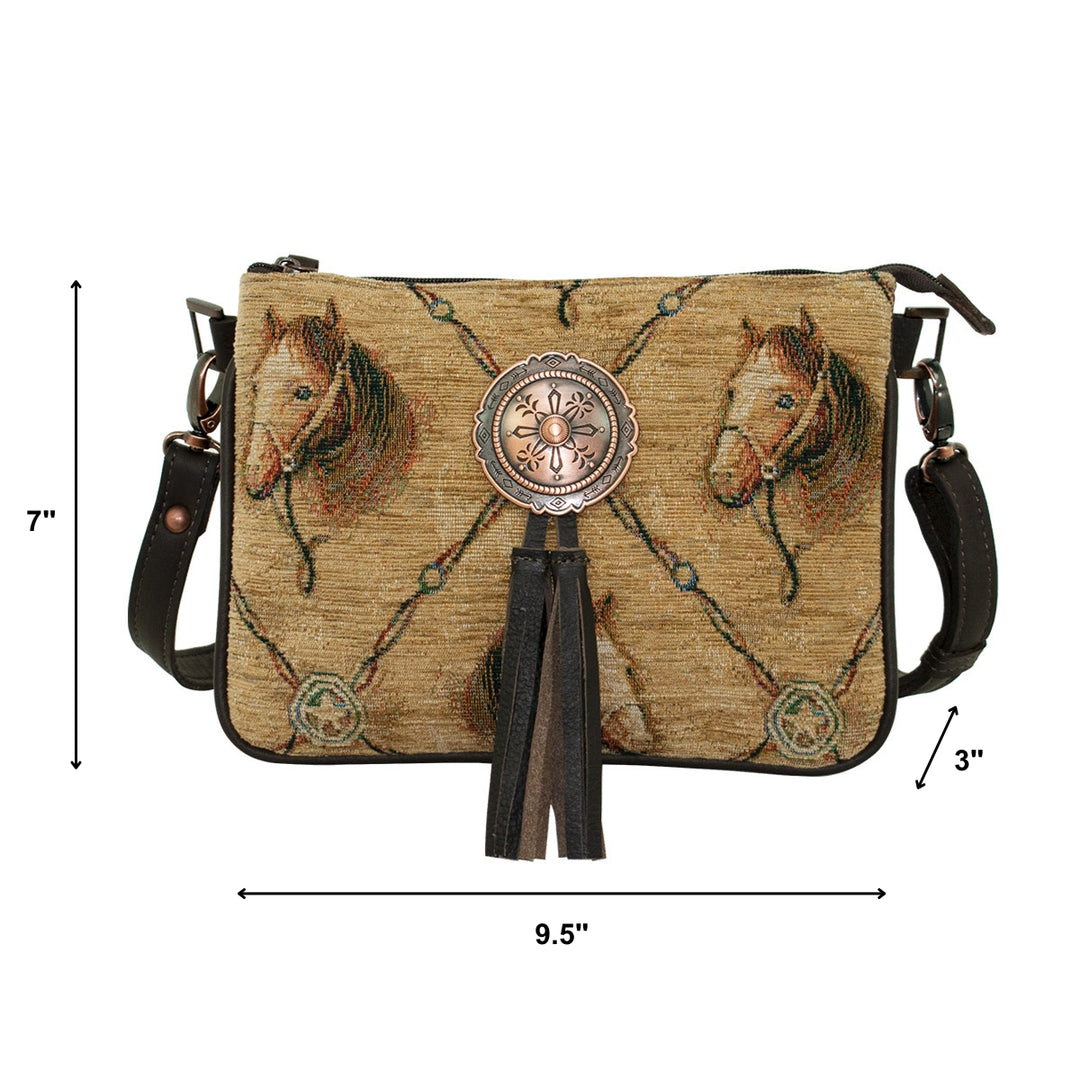 Bits and Bridle multi-compartment Crossbody in woven tapestry with hand tooled leather accents with dimensions