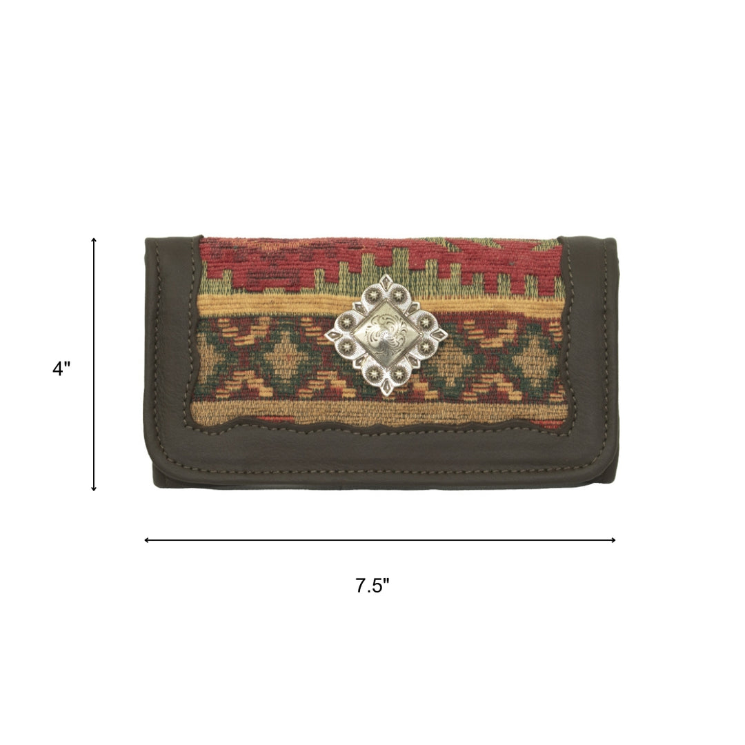 Woven Tapestry tri-fold wallet in woven tapestry with hand tooled leather accents with dimensions