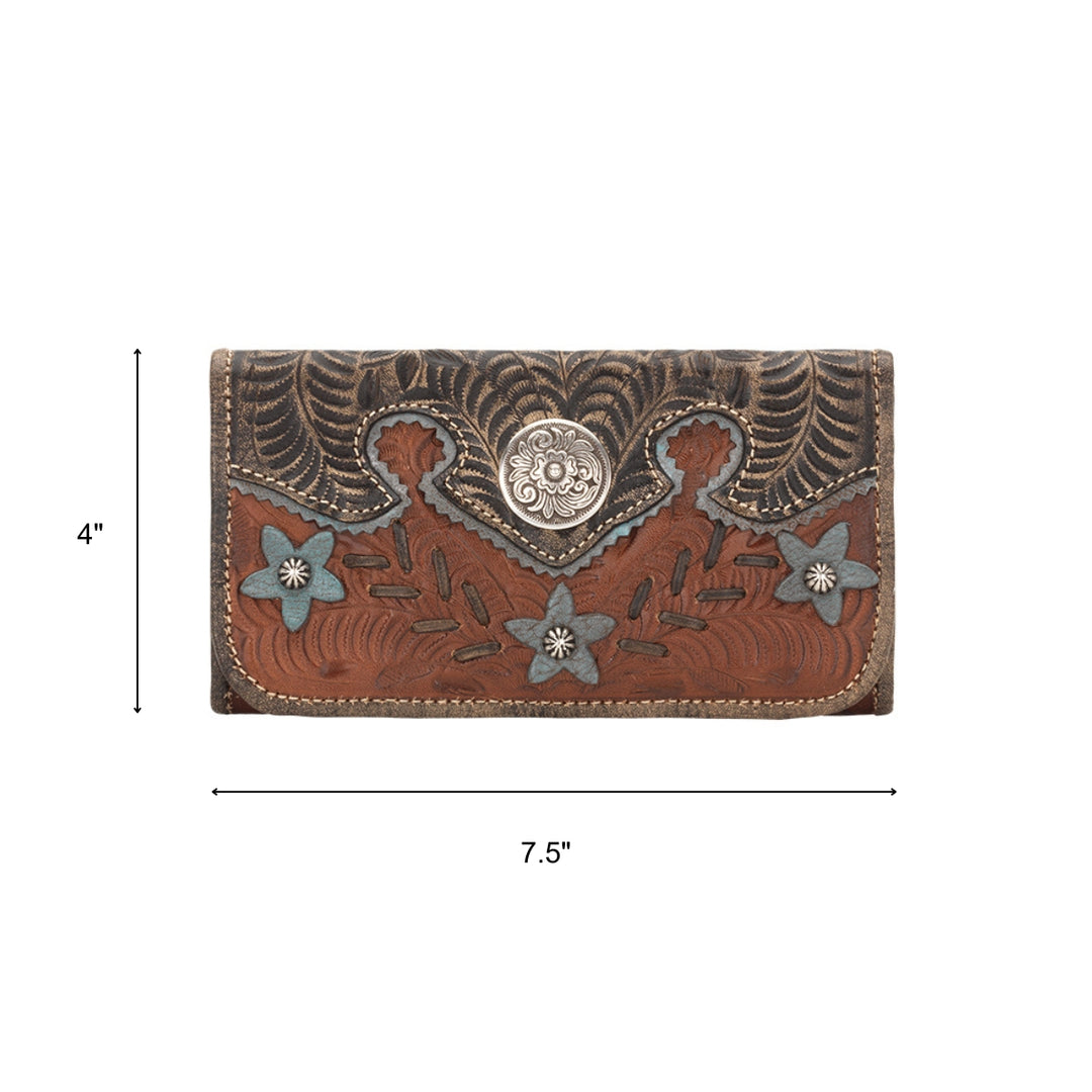 Desert Wildflower tri-fold wallet in medium brown with hand tooled leather turquoise colored flower accents with dimensions