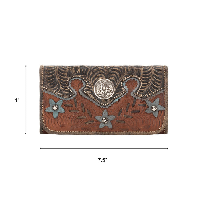 Desert Wildflower tri-fold wallet in medium brown with hand tooled leather turquoise colored flower accents with dimensions