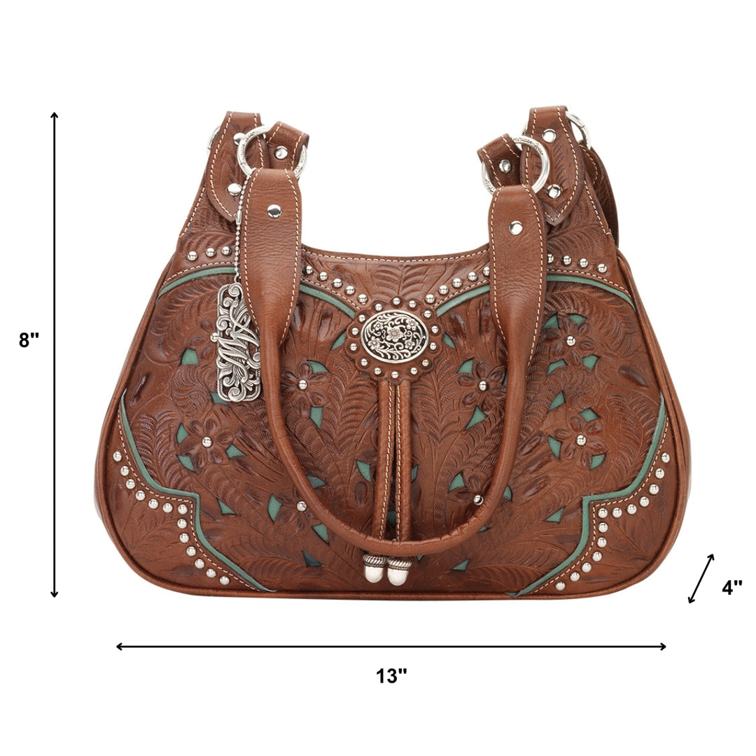 Lady Lace three compartment scoop tote in medium brown with hand tooled leather and cut out accents with dimensions