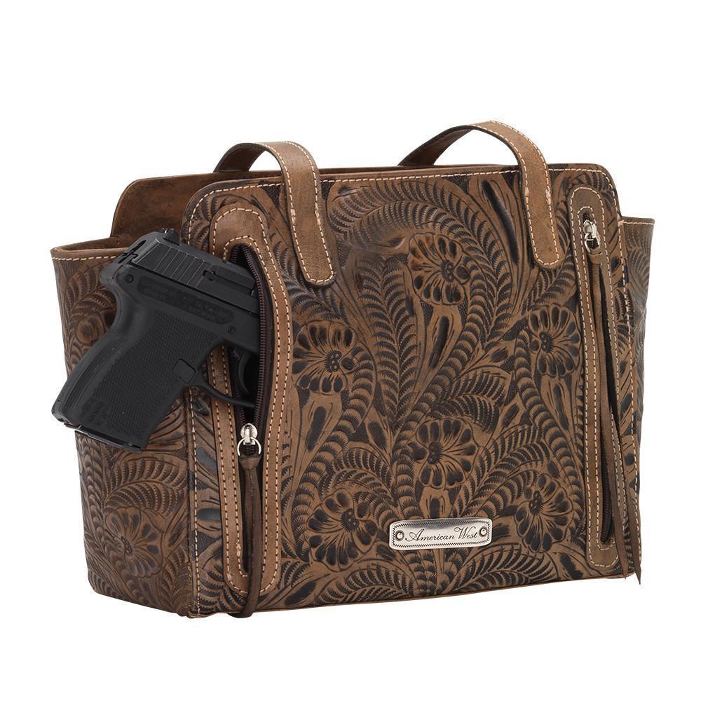 Back view of Cow Town conceal carry tote with gun